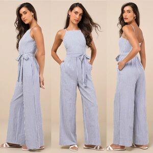 Messina Blue Striped Wide-Leg Jumpsuit by Lulus